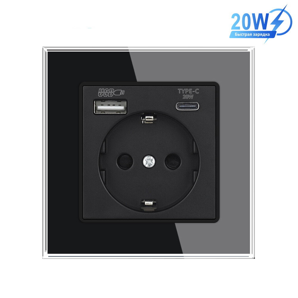 фото Розетка одинарная с USB и type-C входами, с быстрой зарядкой, рамка стекло Белая