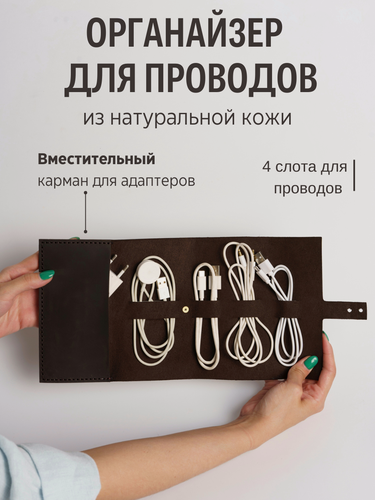 Изображение товара Органайзер для кабелей из натуральной кожи. Скрутка для проводов ручной работы. Цвет - шоколад