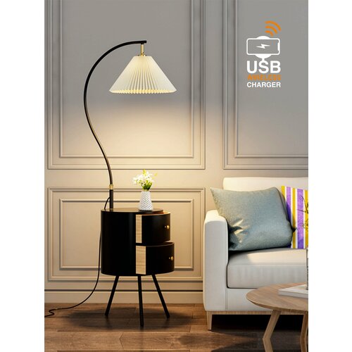 Торшер напольный светильник с тумбой и беспроводной зарядкой для спальни VertexHome