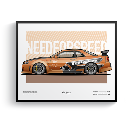 Плакат, картина, постер с авто в раме Nissan Skyline GT-R V-spec 1999 (Eddie’s car) — Need For Speed : Underground / плакат на стену (40х50см)