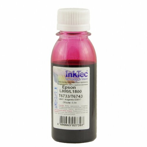 Чернила InkTec E0017 для Epson L800/L1800 T6733/ T6743 , M, 0,1 л, пурпурный чернила inktec e0017 для epson l800 l1800 t6731 t6741 bk 0 1 л черный