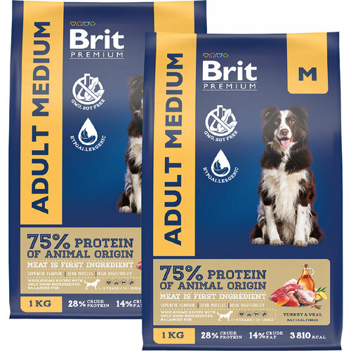 BRIT PREMIUM DOG ADULT MEDIUM для взрослых собак средних пород с индейкой и телятиной (1 + 1 кг)