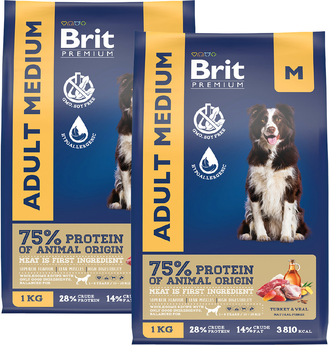 BRIT PREMIUM DOG ADULT MEDIUM для взрослых собак средних пород с индейкой и телятиной (1 + 1 кг)