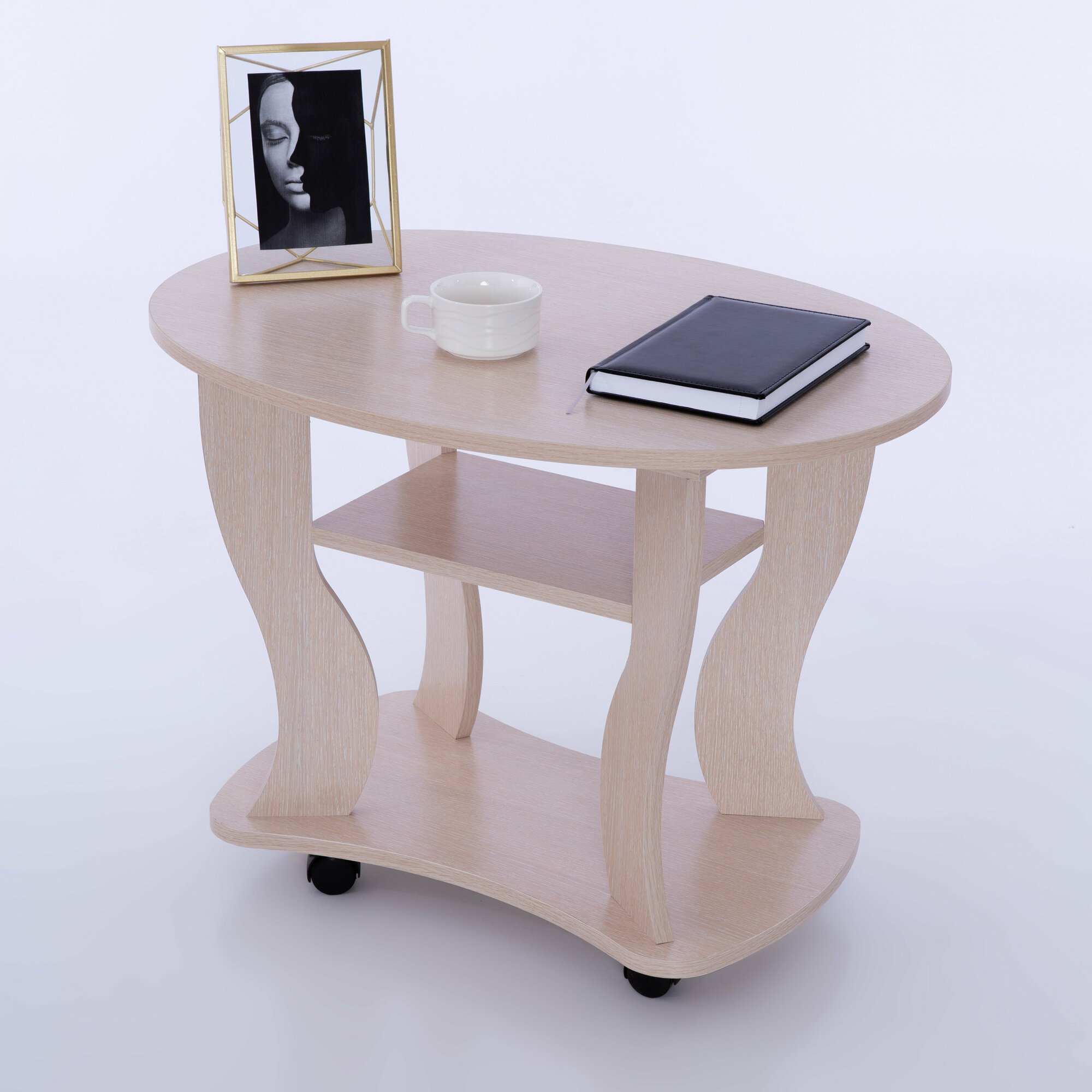 фото Столик журнальный, овальный на колёсиках с полками SOGGIORNO, 70х50х52,5, Венге/ясень светлый, VERAMENTE