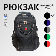 Рюкзак мужской городской спортивный 35л, USB, черный/черный