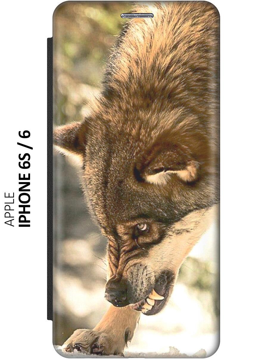 Чехол-книжка на Apple iPhone 6s / 6 / Эпл Айфон 6 / 6с с рисунком "Лютый волк" черный