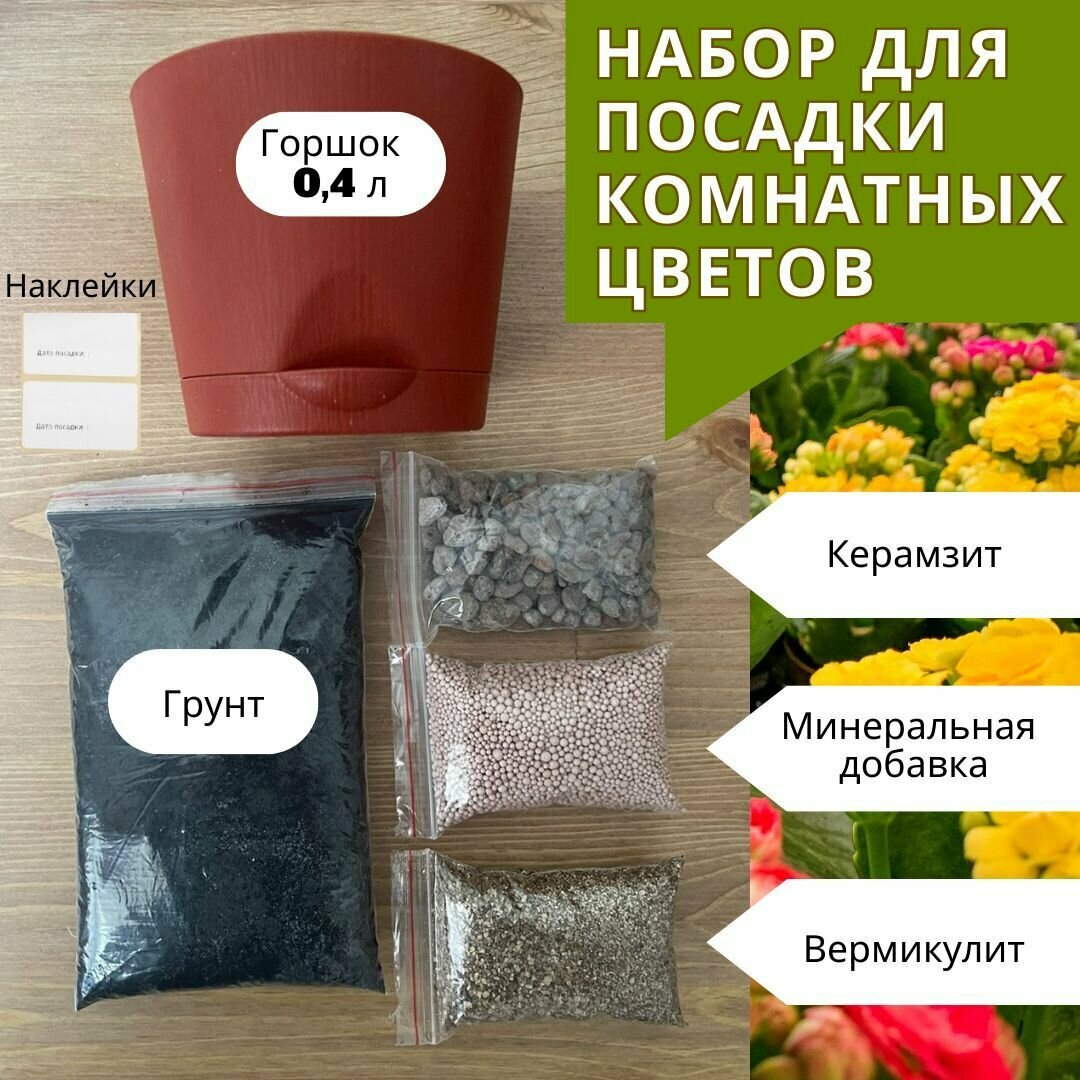 Комплект для выращивания комнатных цветов (Горшок грунт вермикулит керамзит минеральная добавка наклейки)