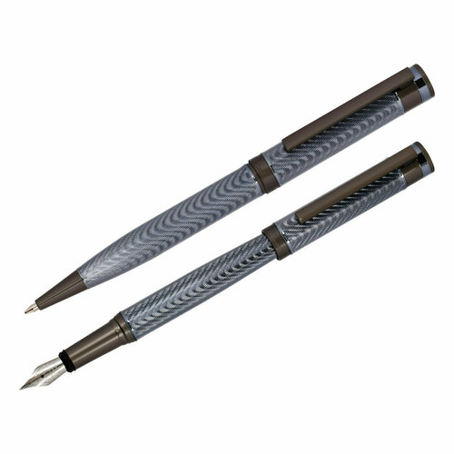 Набор Delucci Stellato: ручка перьевая черная 0.8мм и ручка шариковая синяя 1мм, корпус серебро/хром, подарочная упаковка чехол для перьевой ручки кожаный футляр для карандашей 1 шт