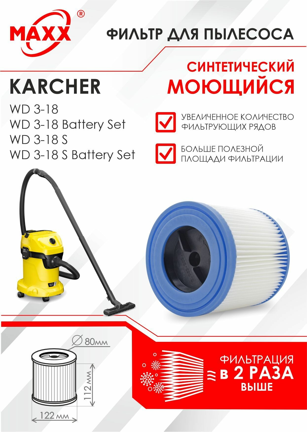 Патронный фильтр бумажный улучшенный для пылесоса Karcher WD 3-18 3-18 Battery Set WD 3-18 S