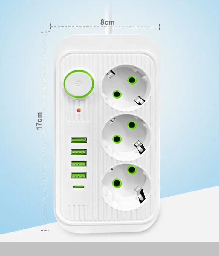 Сетевой фильтр удлинитель бытовой 3 розетки 4 USB Type-C пилот разветвитель 3 метра белый