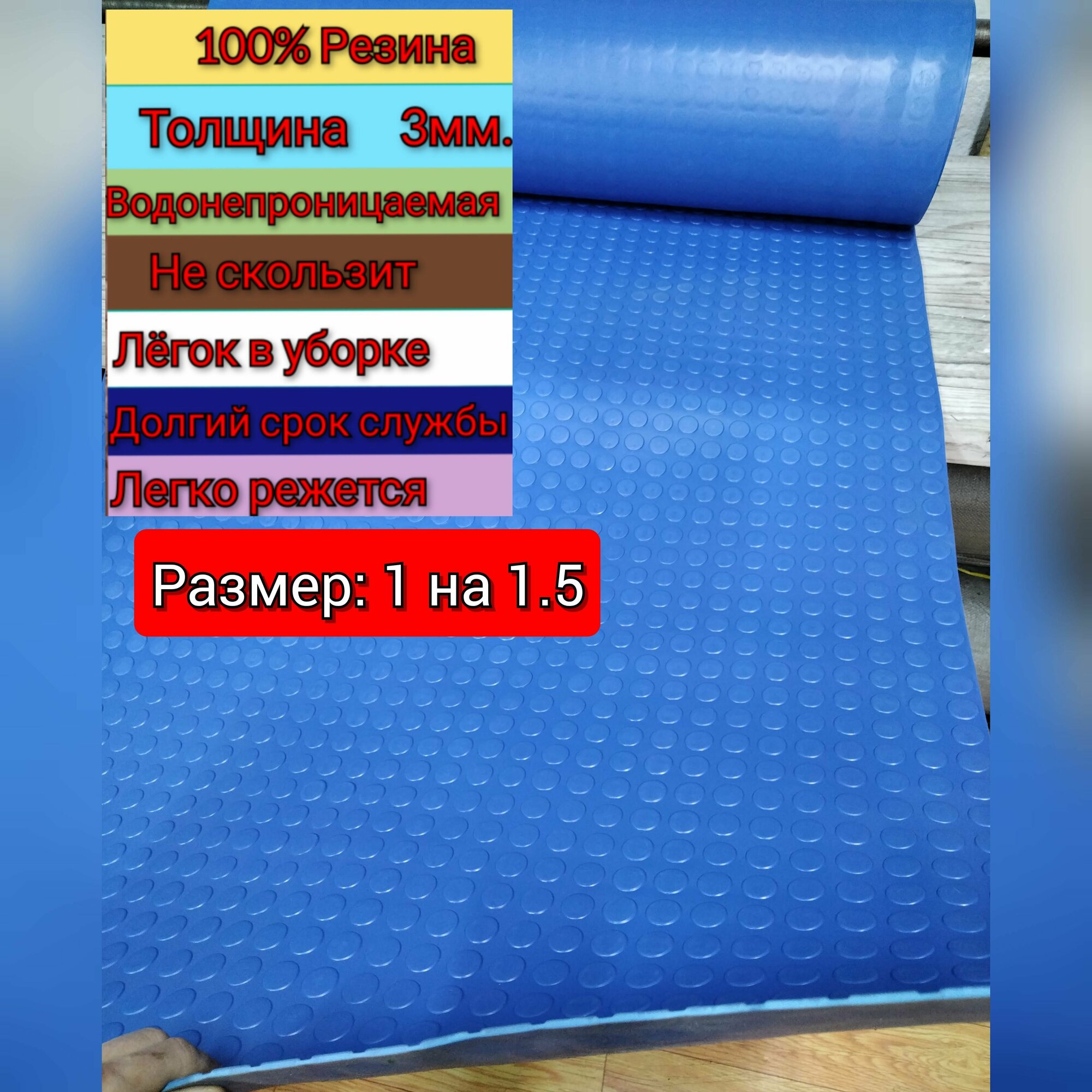 Резиновое покрытие напольное в рулоне 1 х 1.5 (Монета, цвет синий) Резиновая дорожка для авто, гаража, ступень, для лифта