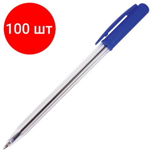 Комплект 100 шт, Ручка шариковая автоматическая STAFF Basic, синяя, корпус прозрачный, узел 0.8 мм, линия письма 0.4 мм, 141673