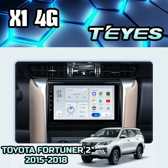 Магнитола Toyota Fortuner 2 2015-2018 Teyes X1 4G 2/32GB, штатная магнитола, 8-ми ядерный процессор, IPS экран, DSP, 4G, Wi-Fi, 2 DIN