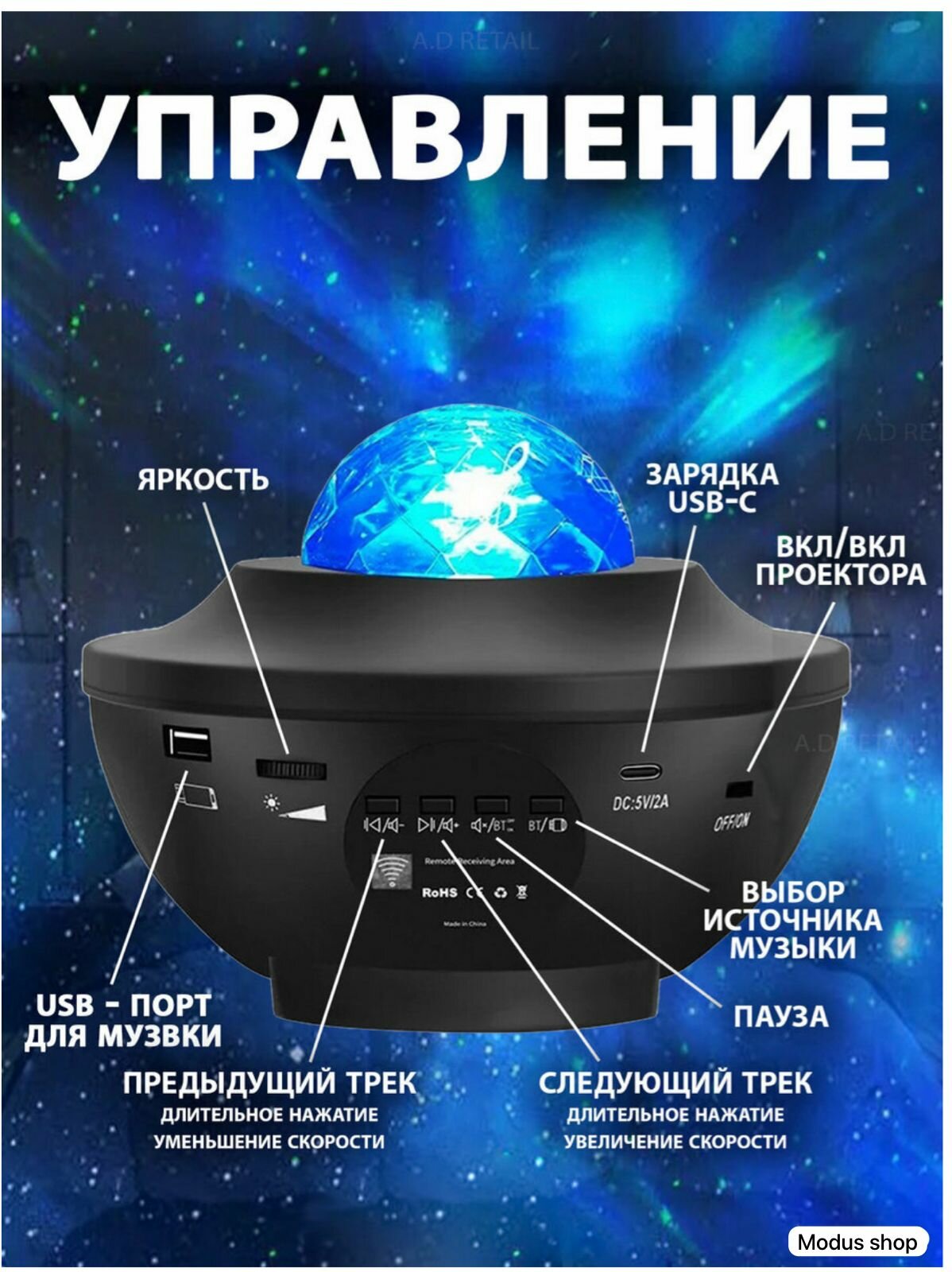 Детский проектор звездного неба / ночник / ночной детский проектор / проектор с колонкой / Xiaomi / Детский проектор / ночной светильник