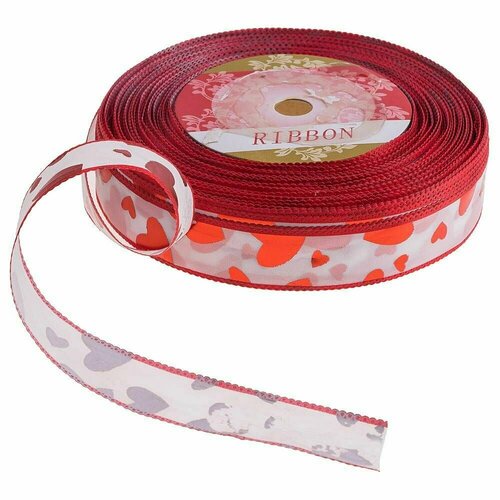 Лента капрон с красными сердечками и каймой белая шир 25 боб 914м 2952₽