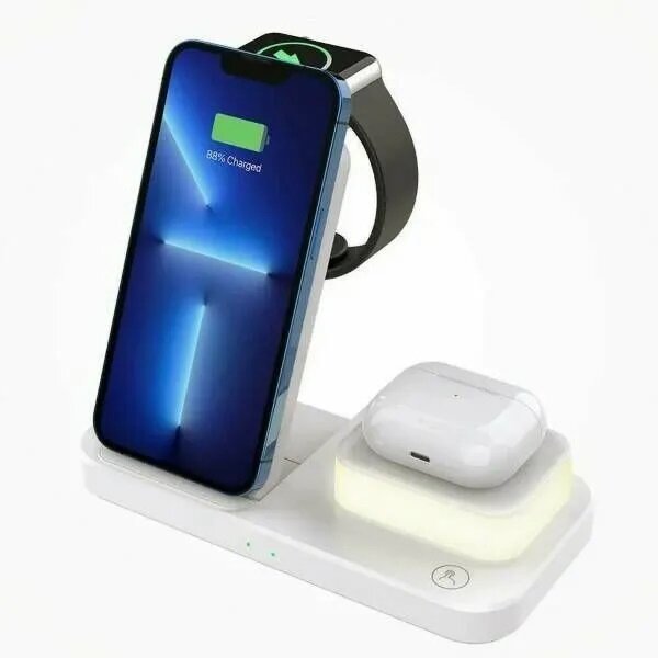 Беспроводное зарядное устройство C500 4 in 1, iPhone+Apple Watch+AirPods+Ночник, 15W, белый — фото 1