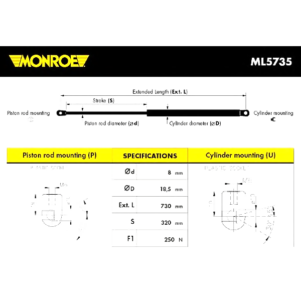 MONROE ML5735 (1K0823359A) амортизатор капота VW: golv V (1k1) 1.4-2.0i / fsi / tsi / tdi / sdi / gti 03-08, jetta III 1.4-2.5i / tsi