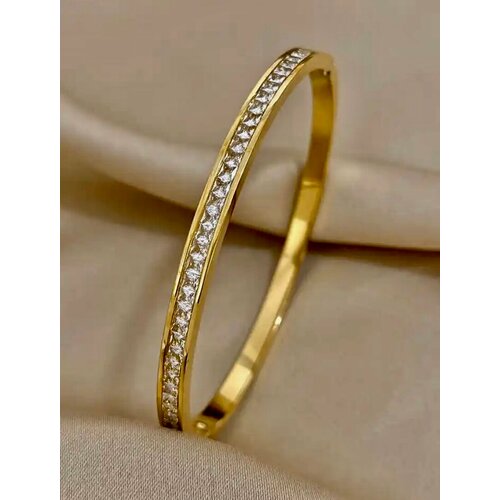фото Жесткий браслет sorona, циркон, фианит, swarovski zirconia, 1 шт., размер 6 см, размер one size, диаметр 6 см, золотистый