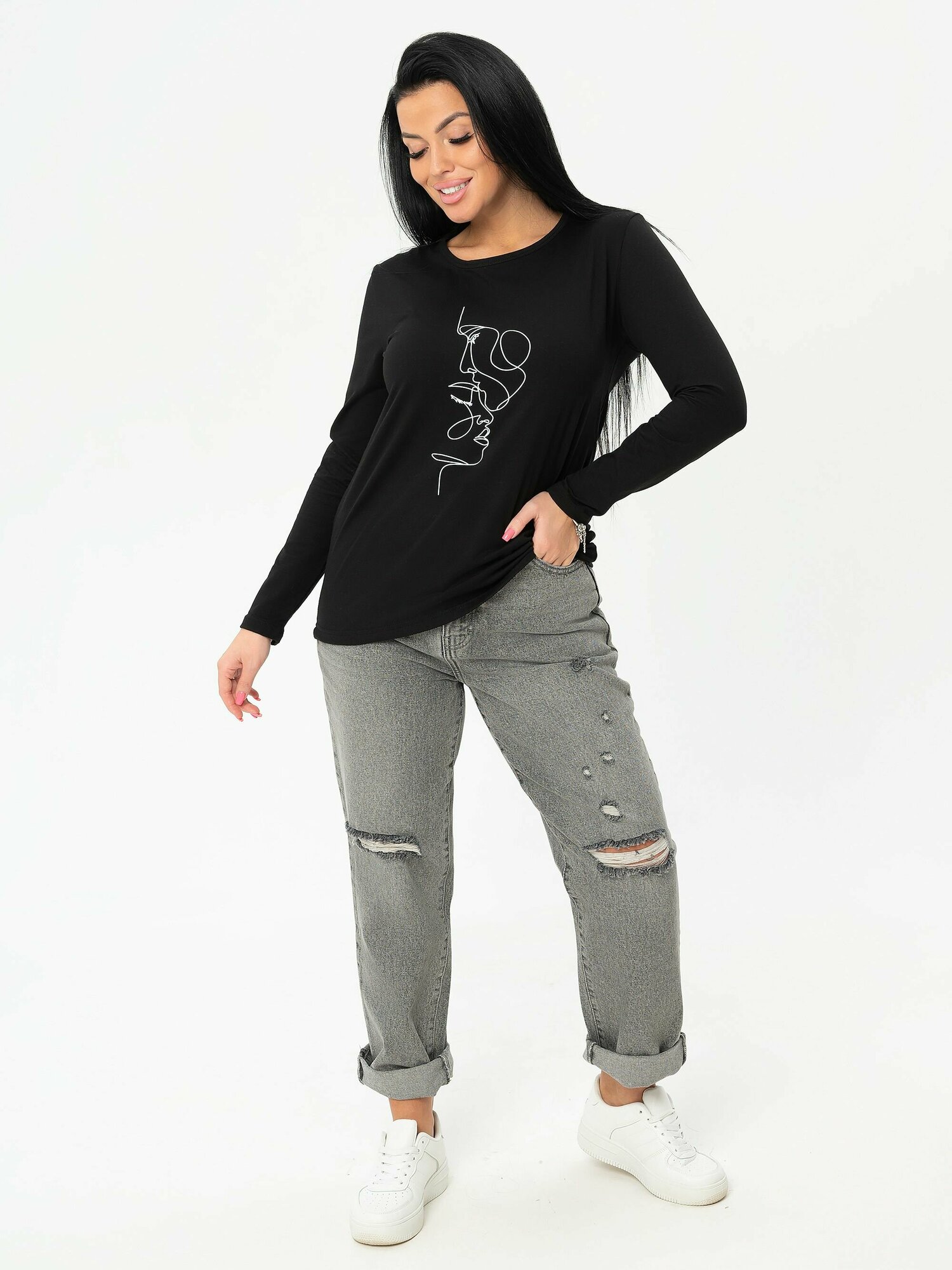 Лонгслив Трикотажные сезоны Лонгслив с длинным рукавом повседневный, размер 56, , черный, белый — фото 1