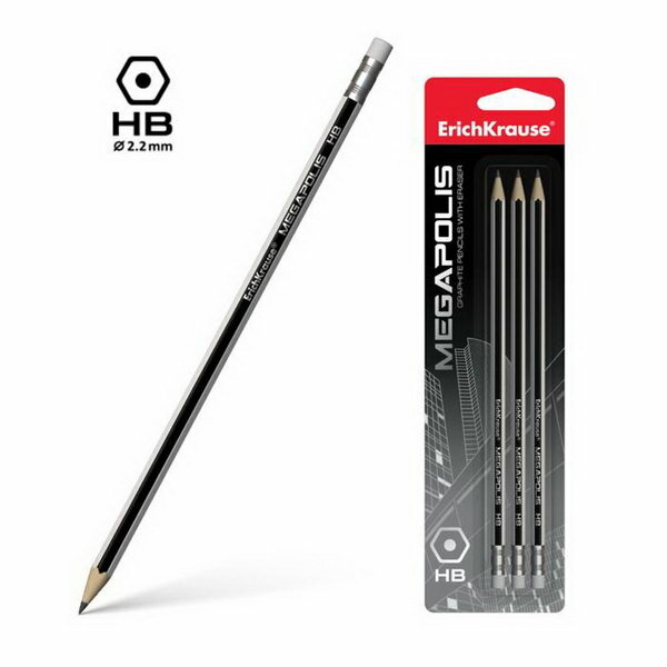 Набор карандашей чернографитных Megapolis HB с ластиком, 3 шт, шестигранный, блистер, 44490