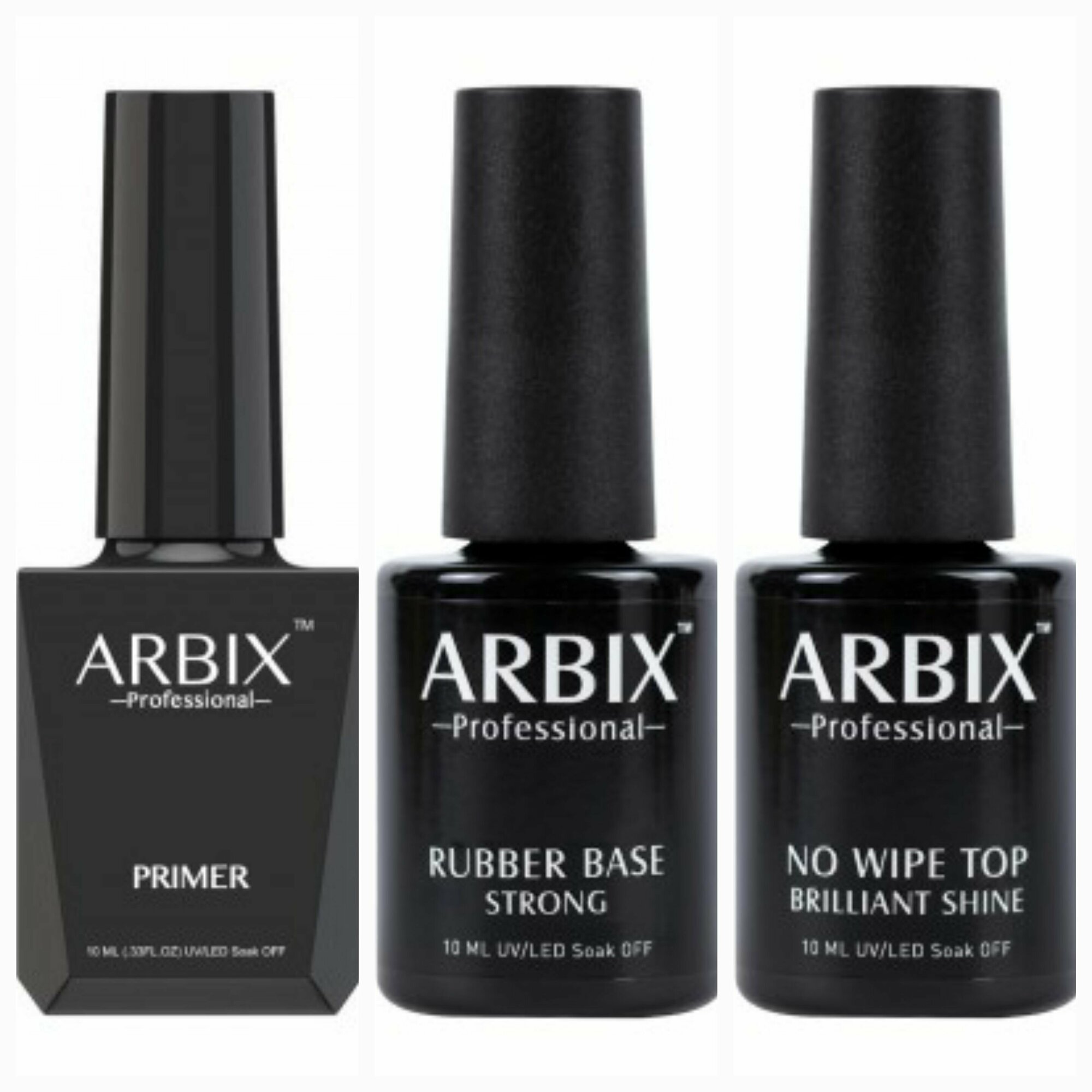 Arbix Набор для маникюра No Wipe Top Brilliant Shine + Rubber Base Strong + Primer, прозрачный, 10 мл