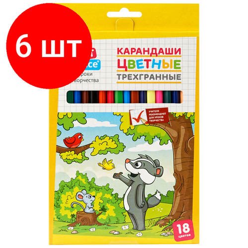 карандаши 18цв berlingo цирк пластик заточен картон европодвес Комплект 6 шт, Карандаши цветные ArtSpace Лесные жители, 18цв, трехгран, заточен, картон. уп, европодвес