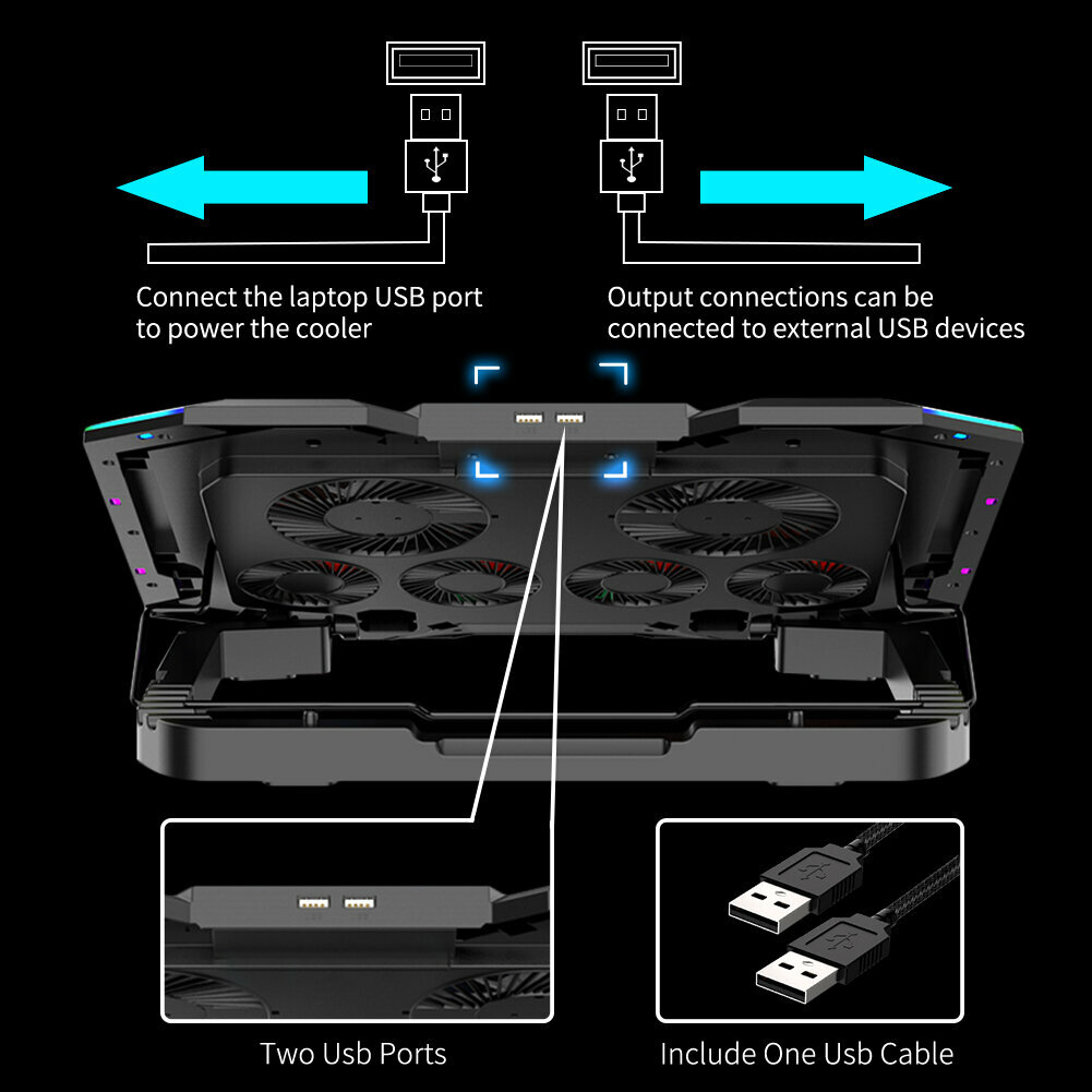 Регулируемая охлаждающая подставка для игровых ноутбуков6 вентиляторов подсветка 6 углов наклона держатель телефона 2 USB  для экрана 13"-19"
