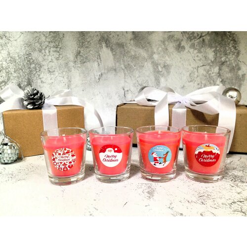 Новогодние свечи в стеклянных стаканчиках Иштар, 4 штуки в наборе, красный цвет