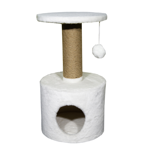 Домик когтеточка для кошек с помпоном круглый белого цвета