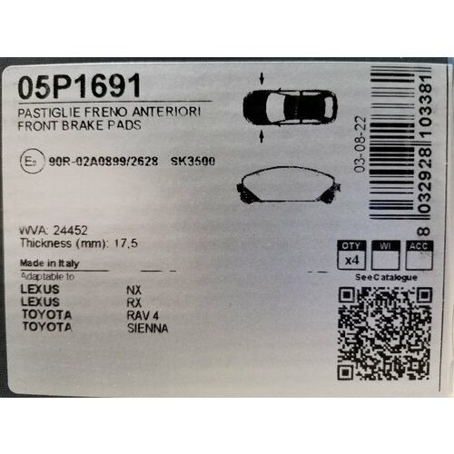 Дисковые тормозные колодки передние LPR 05P1691 для Lexus, Toyota (4 шт.)