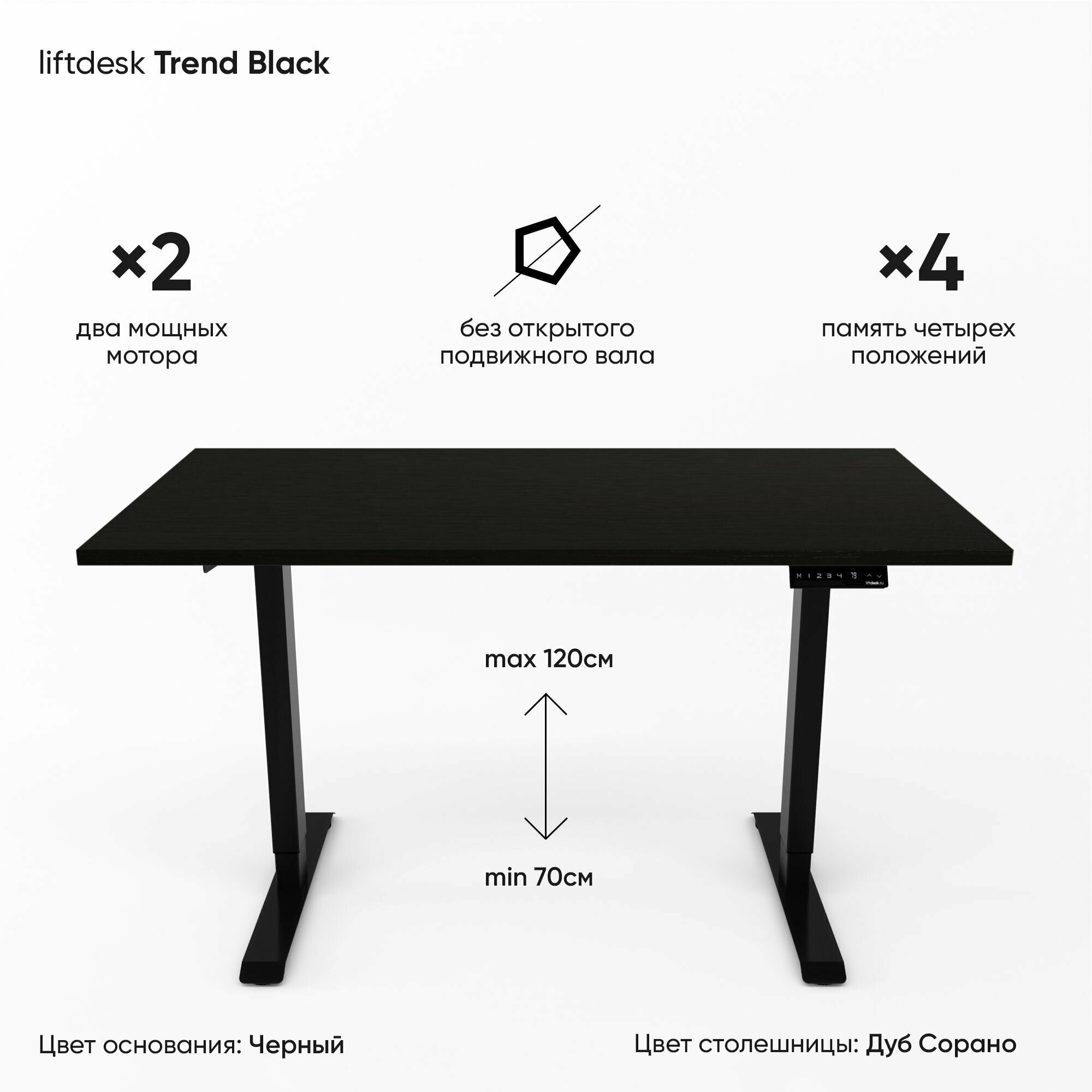 Стол регулируемый по высоте 2-х моторный liftdesk Trend Черный/Дуб Сорано черно-коричневый, ЛДСП Egger 138х68х2.5 см