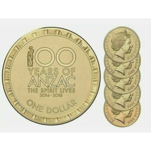 1 доллар 1992 австралия кукабура смотрит влево unc Австралия 1 доллар, 2014 - 2018 100 лет анзак UNC