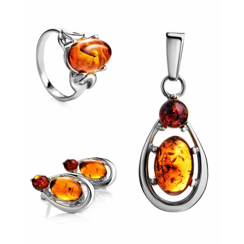 фото Комплект бижутерии: кольцо, серьги, подвеска, янтарь, коричневый amberhandmade