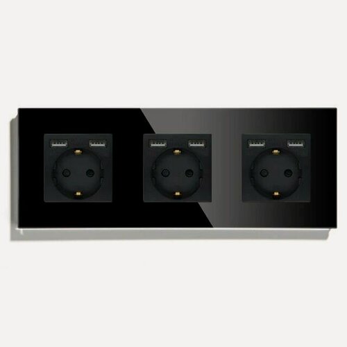 Изображение товара Розетка электрическая 3 поста, с Usb АА, рамка 228х86мм стекло, цвет черный