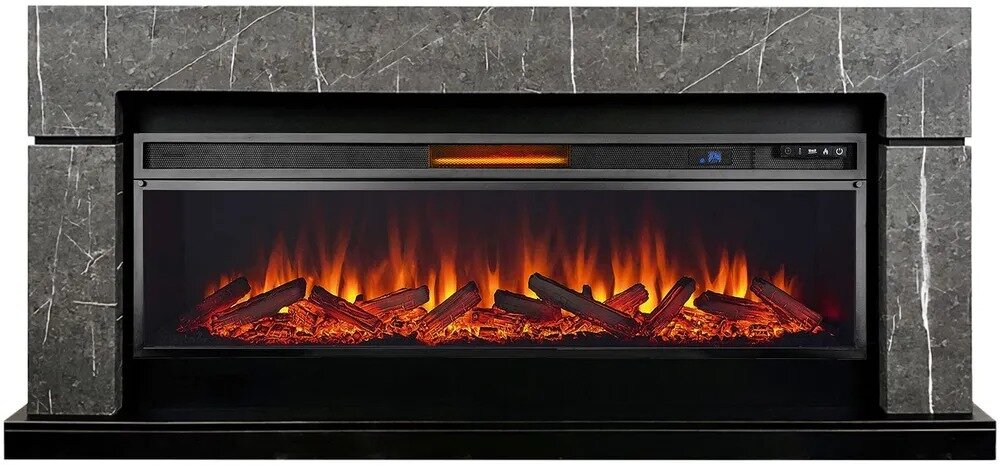 фото Линейный электрокамин Royal Flame Lindos SFT серый мрамор с очагом Vision 42 LOG LED, дрова, обогрев, пульт ДУ (линейный электрический камин)