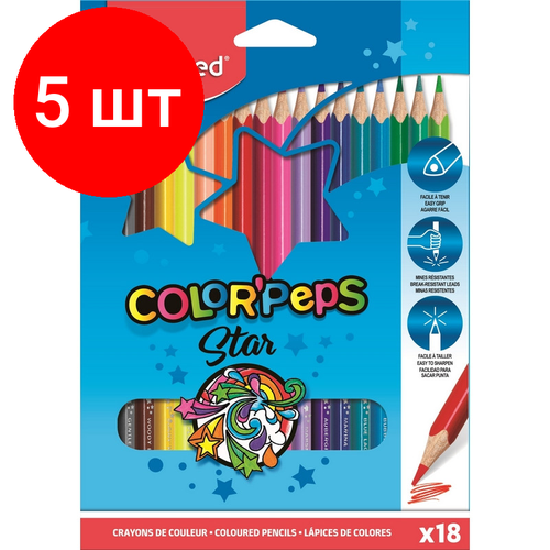 Комплект 5 наб, Карандаши цветные Maped COLOR'PEPS STAR трехгранные, дерево,18цв/наб,183218