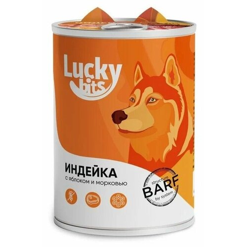 Полнорационный консервированный корм Lucky bits для собак всех пород с 6 месяцев с индейкой, яблоком и морковью, 400 г
