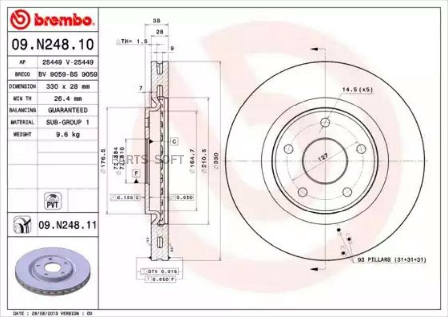 BREMBO 09. N248.11 Диск тормозной передний вент. D=330мм