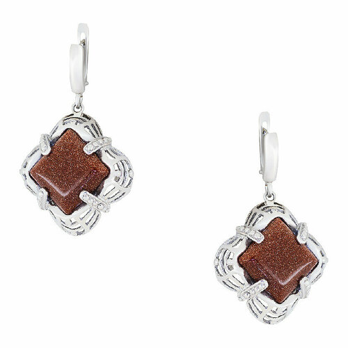 Серьги серебро, 925 проба, родирование, авантюрин, золотой