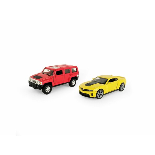 Набор WELLY 1:38, Hummer H3, Chevrolet Camaro ZL1, с прицепом, 2 шт. набор машин welly hummer h3 chevrolet camaro zl1 43629f 2 1 32 13 см красный желтый черный