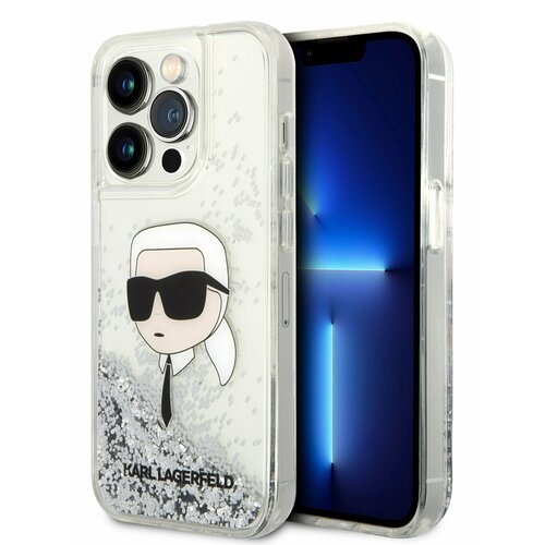 Lagerfeld для iPhone 15 Pro чехол Liquid Glitter NFT Karl Head Hard Silver