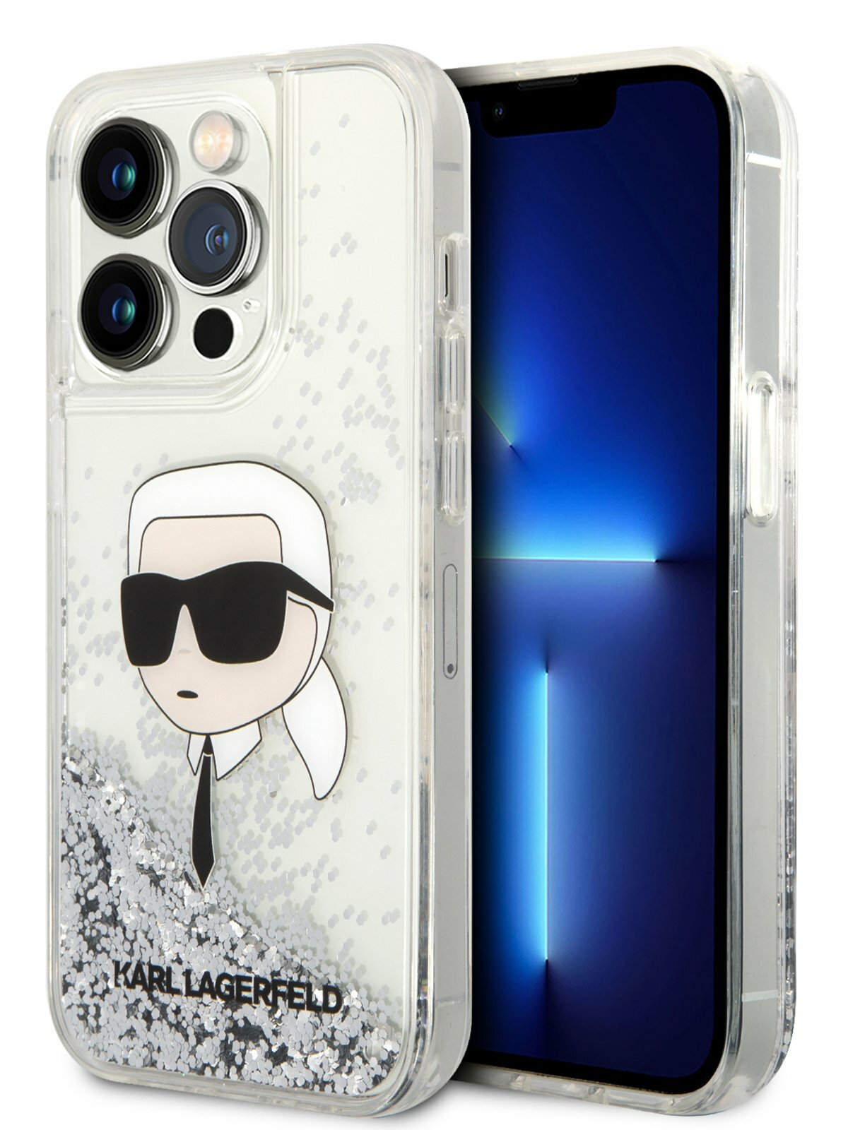 Lagerfeld для iPhone 15 Pro чехол Liquid Glitter NFT Karl Head Hard Silver