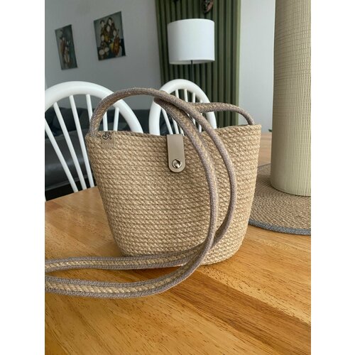 Сумка шоппер Нежный плед, фактура плетеная, бежевый, белый