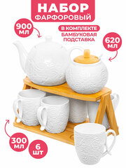 Чайный набор чайник 900 мл, сахарница 620 мл, 6 кружек по 300 мл Elan Gallery Розы, на бамбуковой подставке