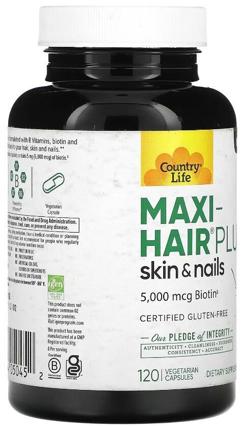Картинки Country Life, витамины для волос, Maxi-Hair Plus, 5000 мкг, 120 вегетарианских капсул