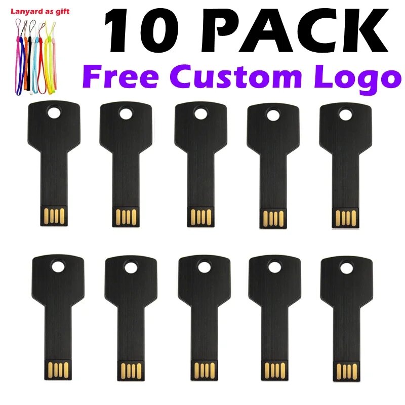 10 шт./лот персонализированный логотип USB 2,0 в форме ключа металлическая память U Stick 4 ГБ 8 ГБ USB-накопитель 32 ГБ 16 ГБ USB-флешка бизнес-подарок, Black Color, 128MBX10PCS
