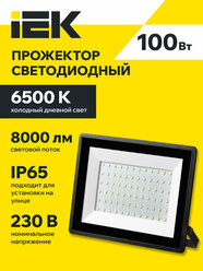 Прожектор IEK, LED 100Вт, холодный белый свет, IP65, 8000лм, SMD 2835, 6500К, черный корпус, срок службы 50000ч