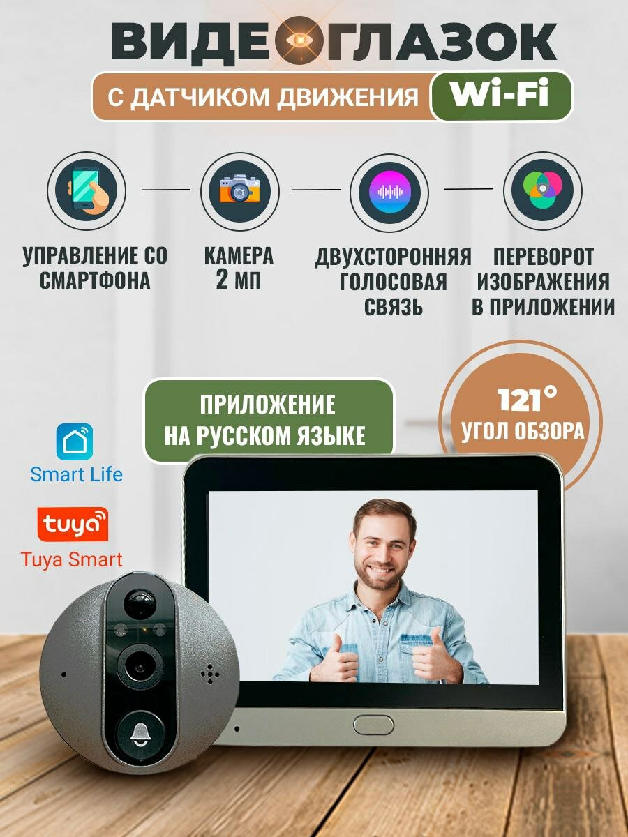 Видеоглазок Tuya для входной двери с датчиком движения с записью беспроводной Wi-Fi