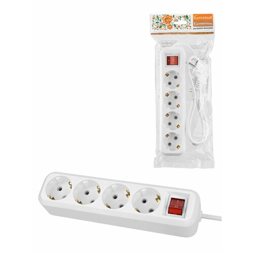 Удлинитель сетевой 4 розетки, 10 метров, с заземлением, с выключателем, 16 А, 3680 Вт, белый, Народный