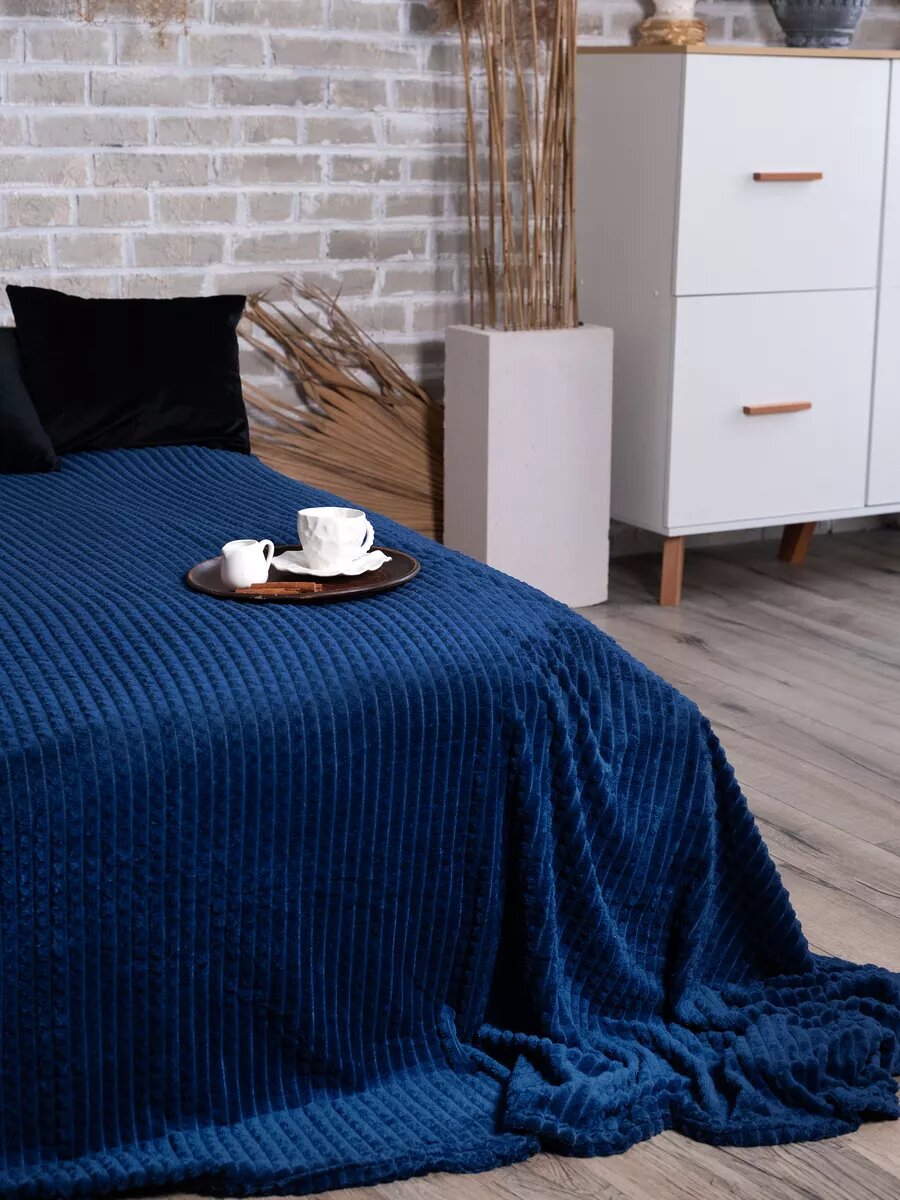 Плед Tinky.W велсофт 200x220 синий мягкий кубик полиэстер.